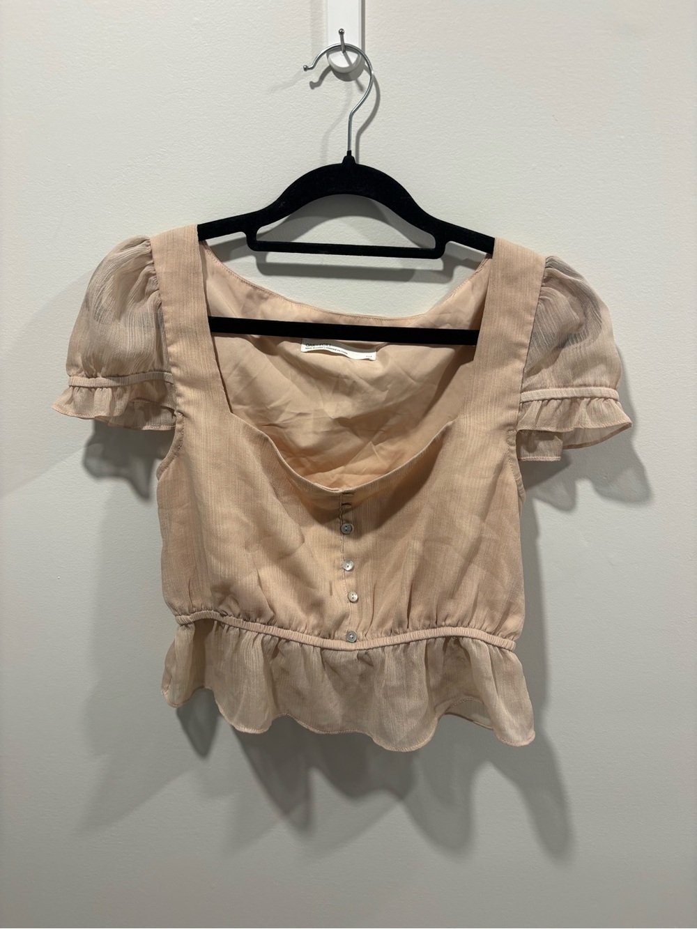 OAK + FORT Blush Square Neck Puff-Sleeve Peplum Top